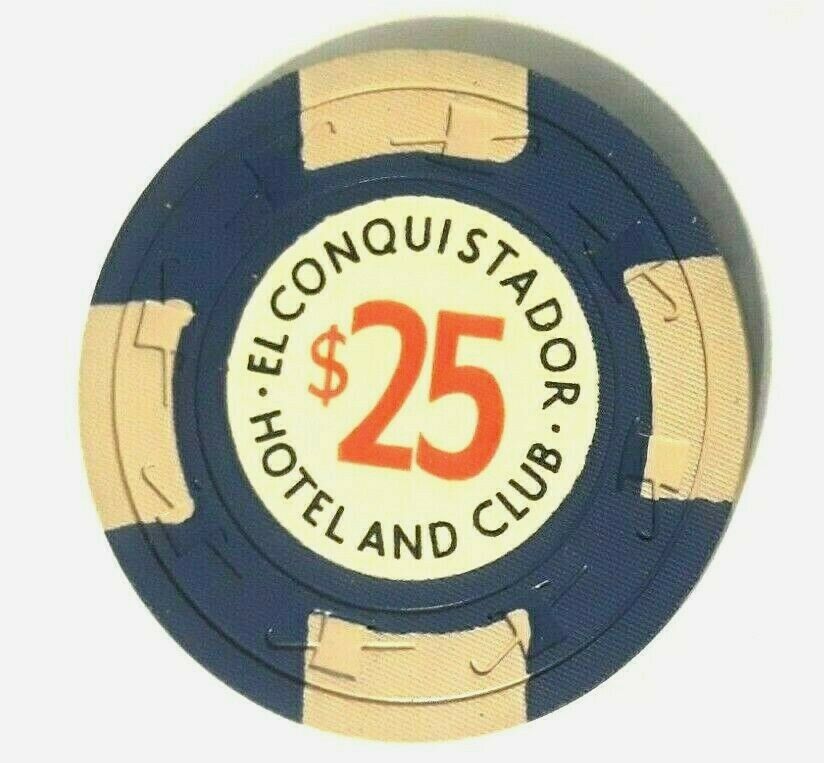 $25 EL CONQUISTADOR HOTEL CLUB BluWht Casino Poker Chip FAJARDO Puerto Rico H&C