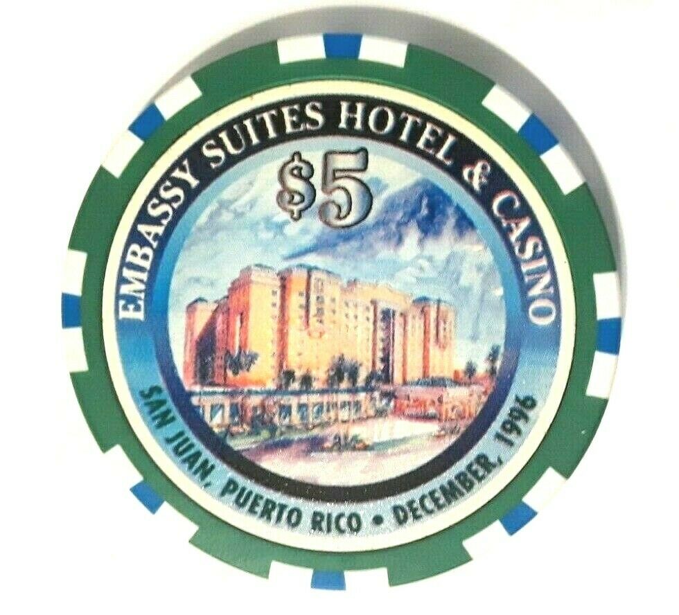 $5 EMBASSY SUITES HOTEL & CASINO DEC 96 GO Poker Chip Condado Puerto Rico Smooth